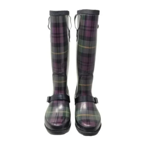 L.L. Bean | Womens Wellies Rain Boots Plaid Purple Green - Picture 2 of 14